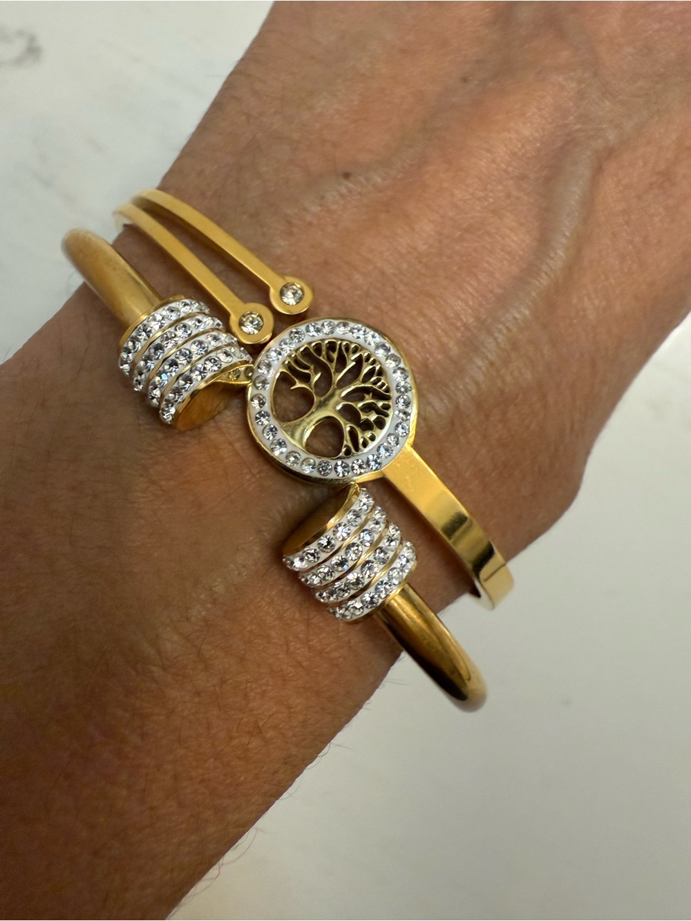 SET OF 2 -Gold Tree of Life & Accented Bangle Bracelet set